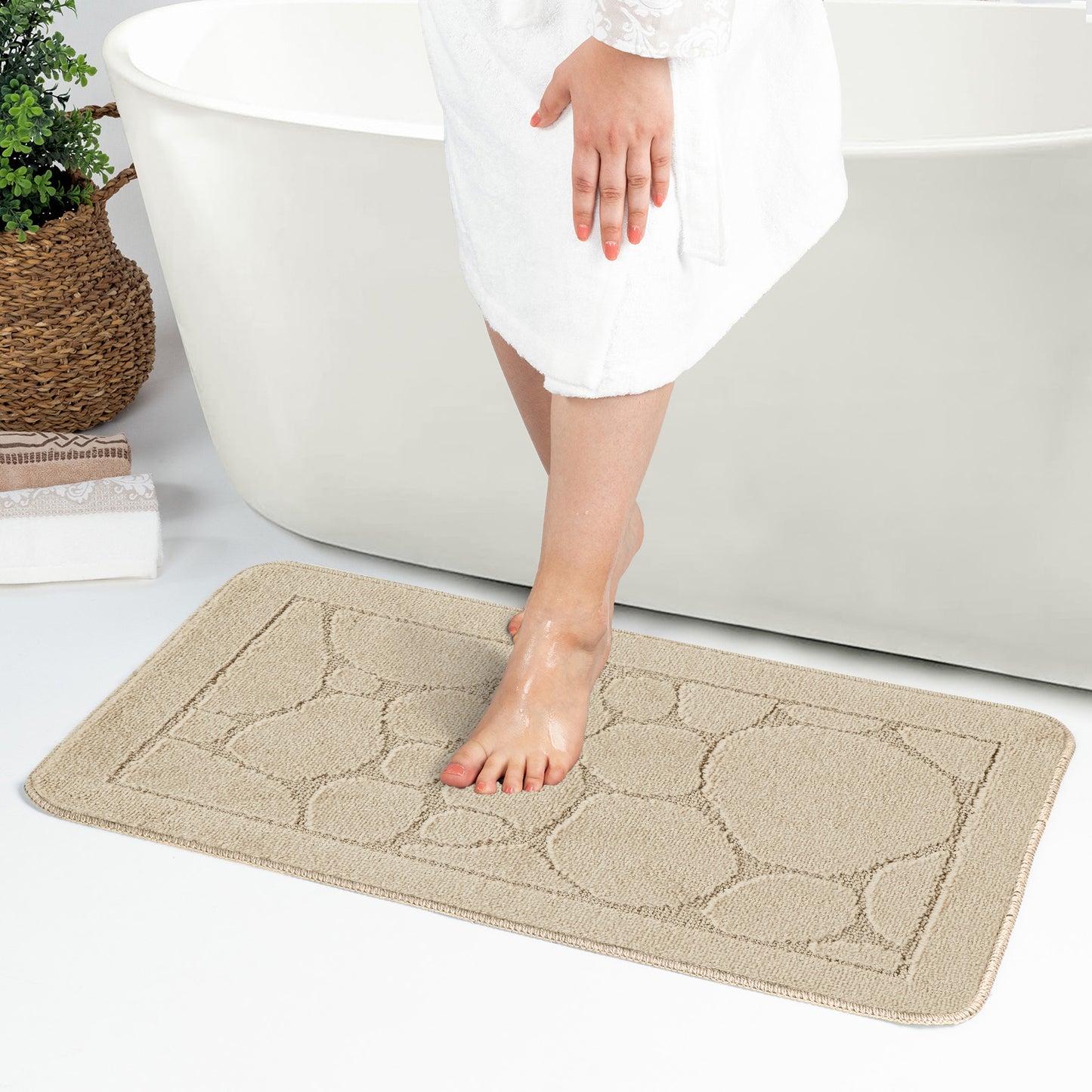 MALAK 2-Piece Machine Washable Non-Slip Light Beige Bathroom Rug Set