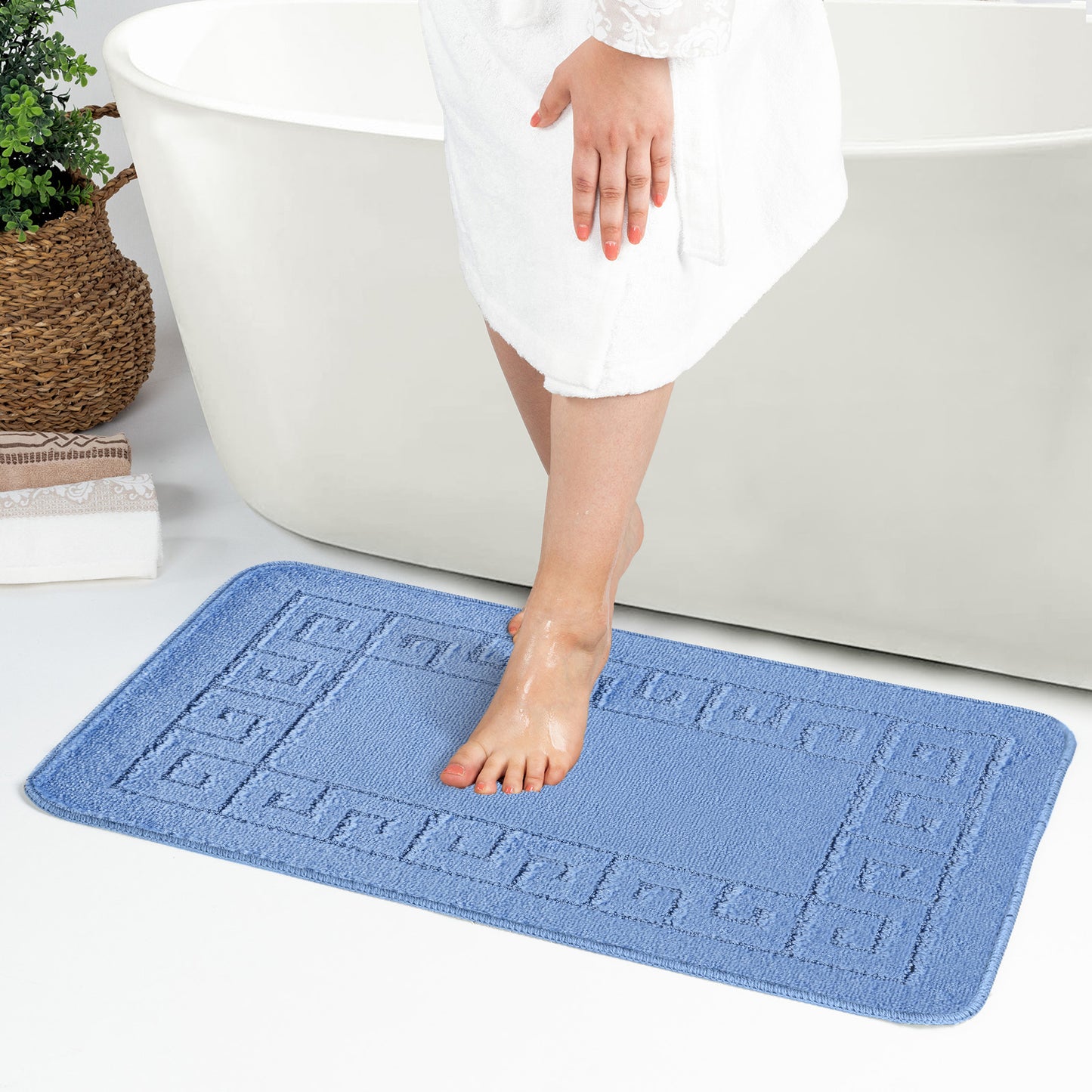 ASLEY 2 Piece Bathroom Rug Set I Machine Washable Wet Room Rugs, Absorbent, Non Slip, Toilet Pedestal Mat, High Pile I Blue