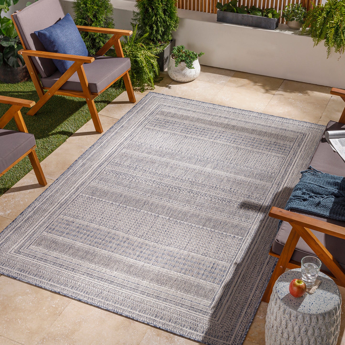 KELLOGG In- & OutdoorRug I Balcony, Terrace, Kitchen, Garden, Patio, Veranda I Modern Boho Rug, UV Weather Stain Resistant I Blue, Ivory