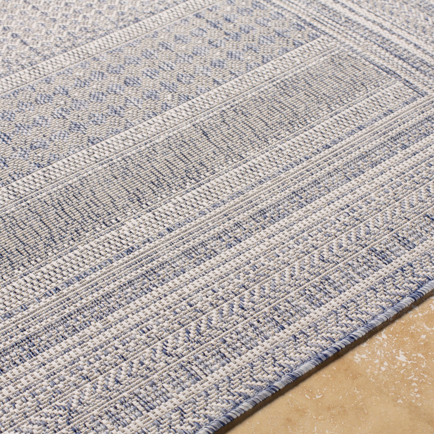 KELLOGG In- & OutdoorRug I Balcony, Terrace, Kitchen, Garden, Patio, Veranda I Modern Boho Rug, UV Weather Stain Resistant I Blue, Ivory