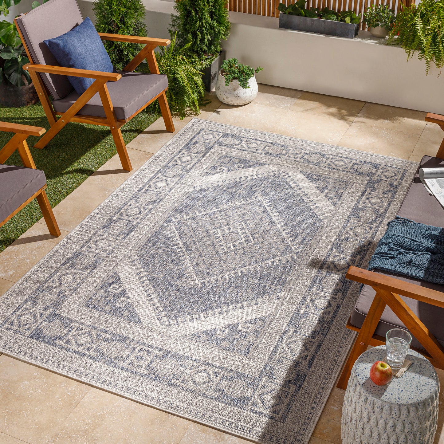 KIMBALLTON In- & Outdoor Rug I Balcony, Terrace, Kitchen, Garden, Patio I Modern Boho Rug, UV Weather Stain Resistant I Blue, Grey