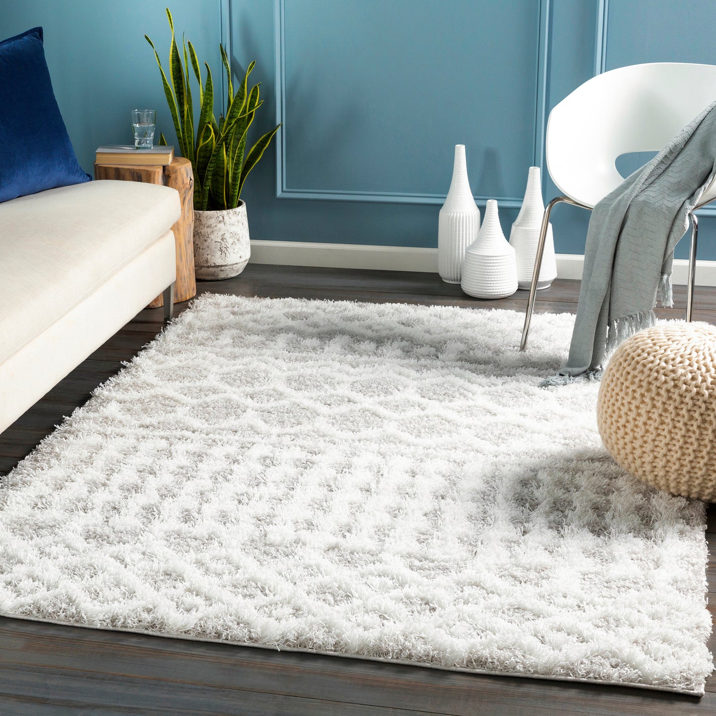 CARTER Shaggy Rug I Living Room, Bedroom I Modern Boho Area Rug, Soft Fluffy Rug, Plush Pile, Large Thick Rug, Easy Care I White, Grey