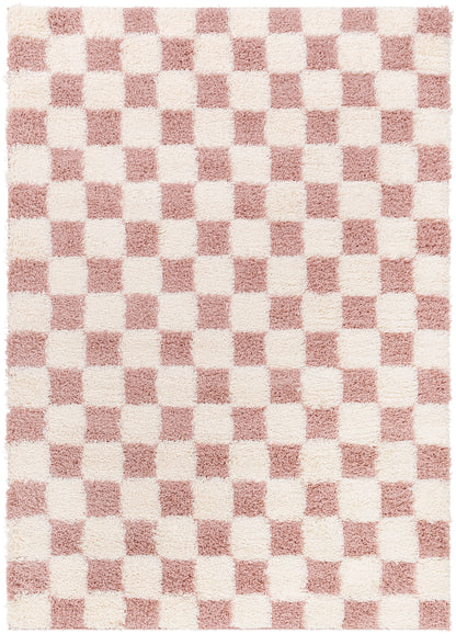 BONDURANT Shaggy Checkered Rug I Living Room, Bedroom I Modern Boho Area Rug, Soft Fluffy Rug, Plush Pile, Thick Rug I Pink, Ivory