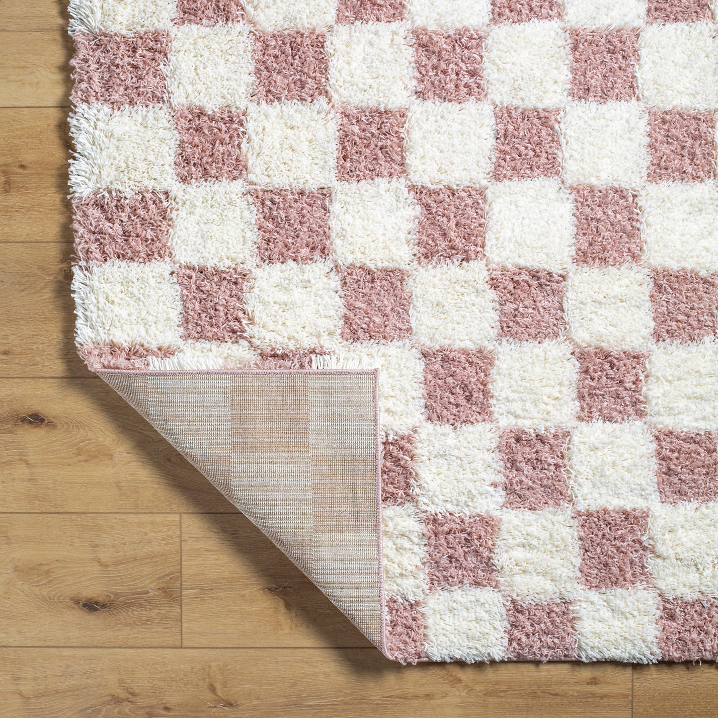 BONDURANT Shaggy Checkered Rug I Living Room, Bedroom I Modern Boho Area Rug, Soft Fluffy Rug, Plush Pile, Thick Rug I Pink, Ivory