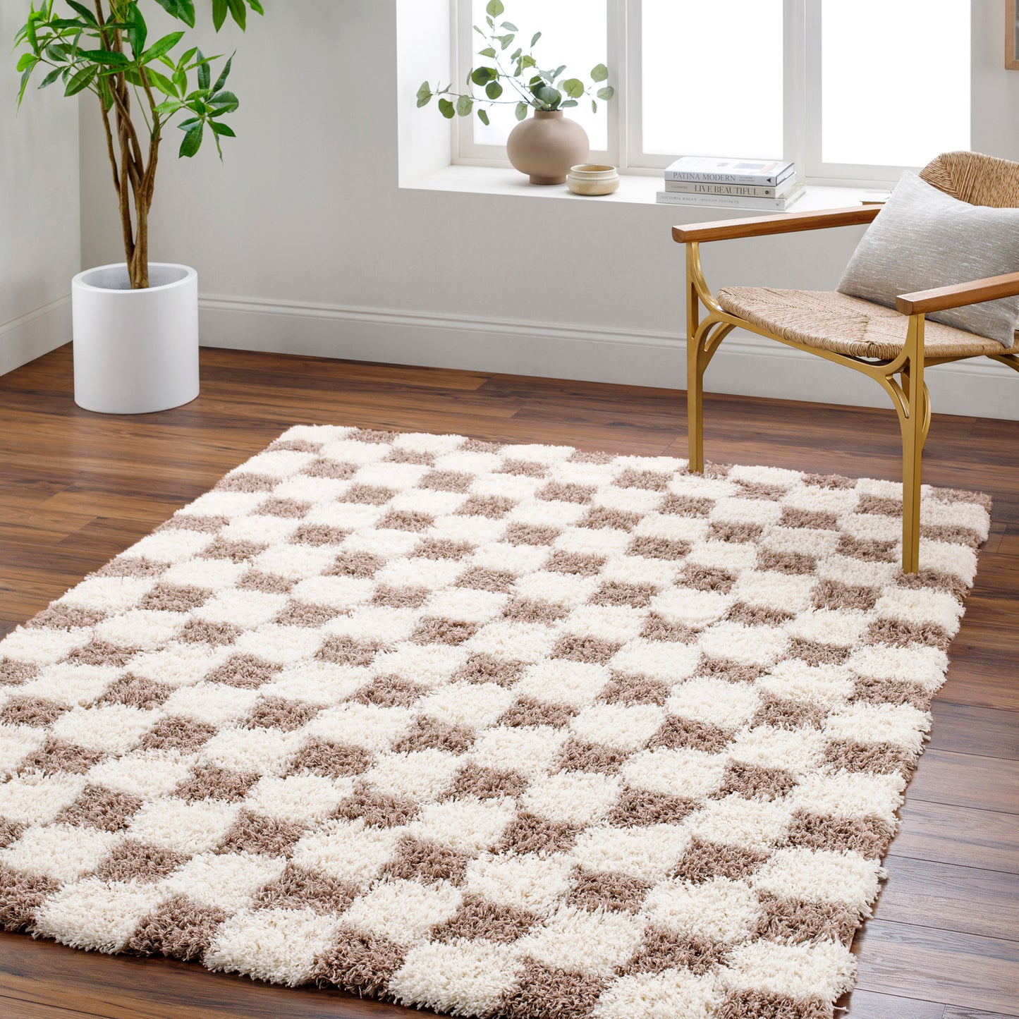 BONDURANT Shaggy Modern Boho Soft Fluffy Thick Plush Pile Brown Checkered Area Rug